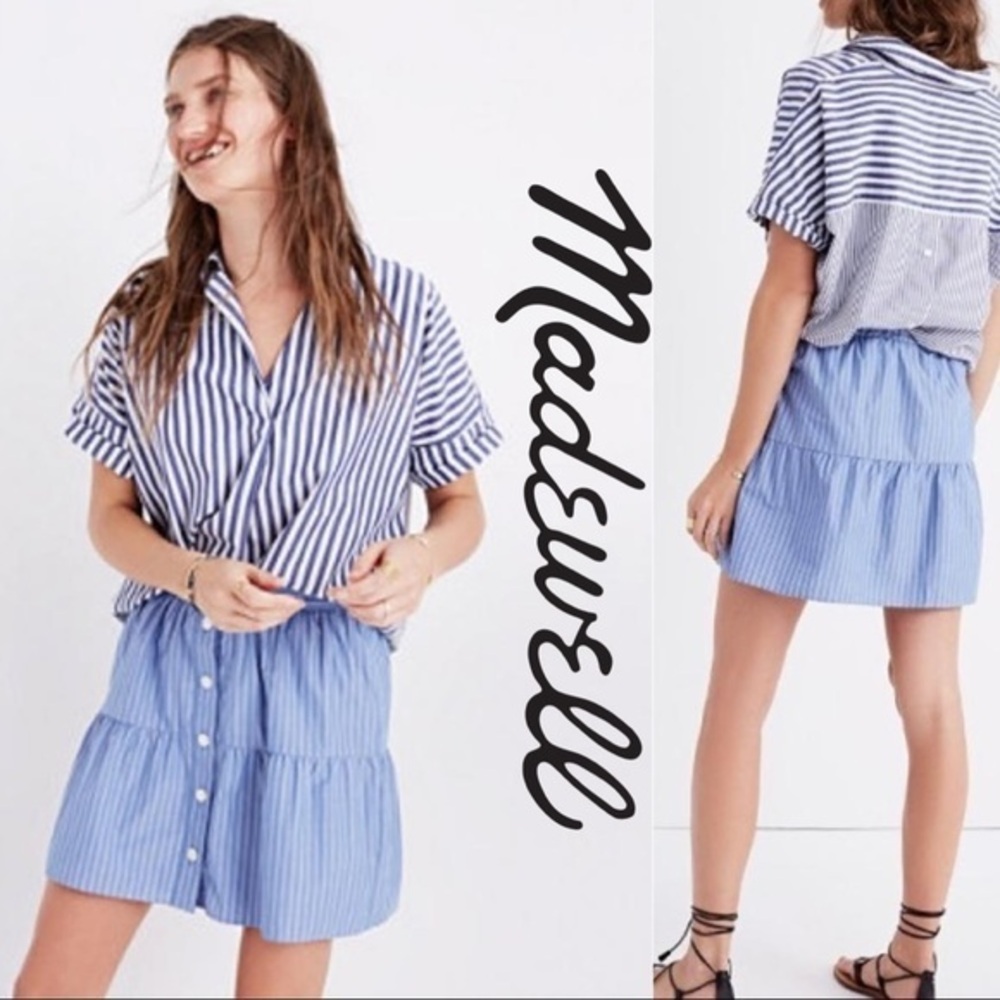 Madewell Blue Stripe Button Up Tiered Bistro Skirt